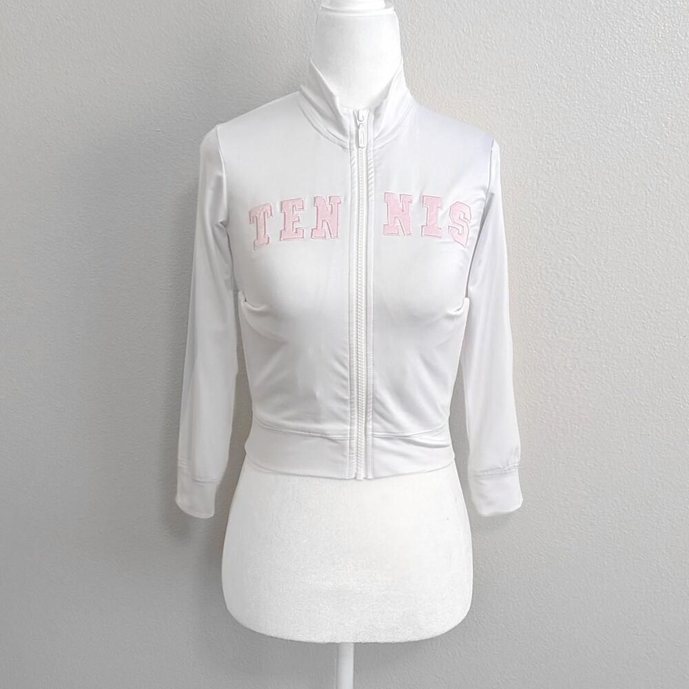Little Miss Tennis White Preppy Tennis Jacket w/ Pink Lettering | Size XS